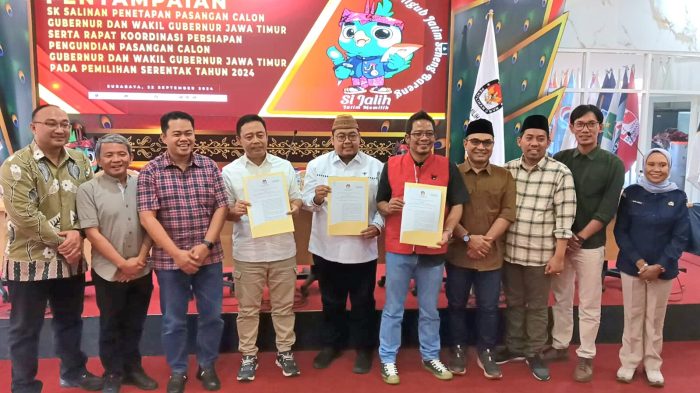 KPU Provinsi Jawa Timur secara resmi menetapkan tiga pasangan calon yang siap bertarung dalam pemilihan Gubernur dan Wakil Gubernur pada 27 November 2024 mendatang. Ist