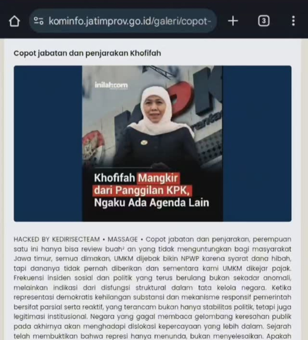 Intip Isi Unggahan Hacker di Situs Diskominfo Jatim Sebelum Dihapus